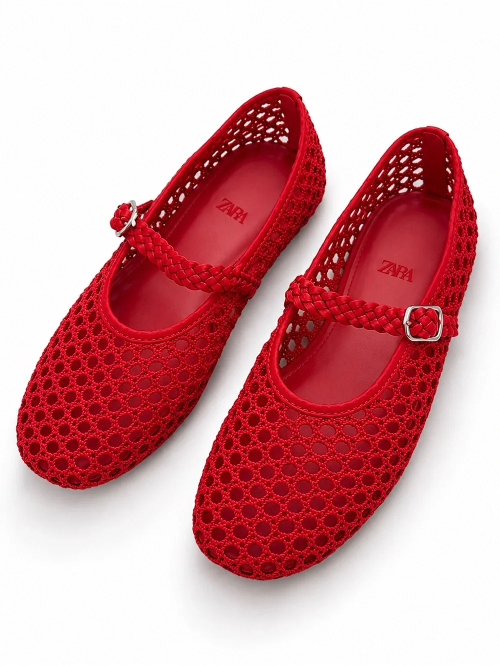 ZARA Red Crochet Mary Jane Shoes with Braided Strap